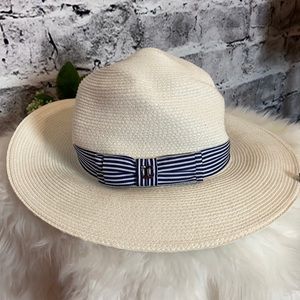 White Summer Beach Hat with Navy Stripe Bow